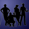 Silhouette of 4 person golf team.